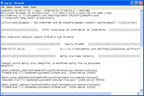 Log programu ComboFix