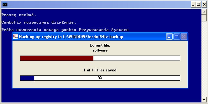 ComboFix tworzy kopię zapasową rejestru