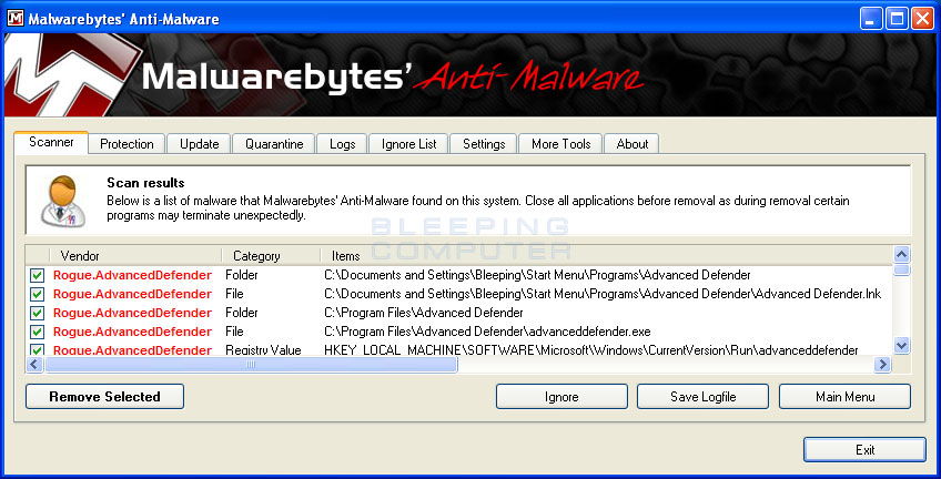 MalwareBytes Scan Results