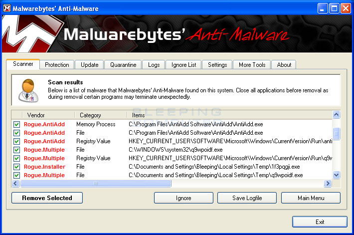 MalwareBytes Scan Results