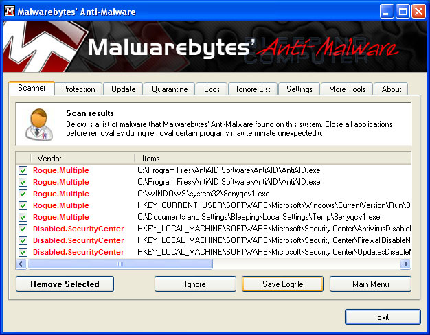 MalwareBytes Scan Results