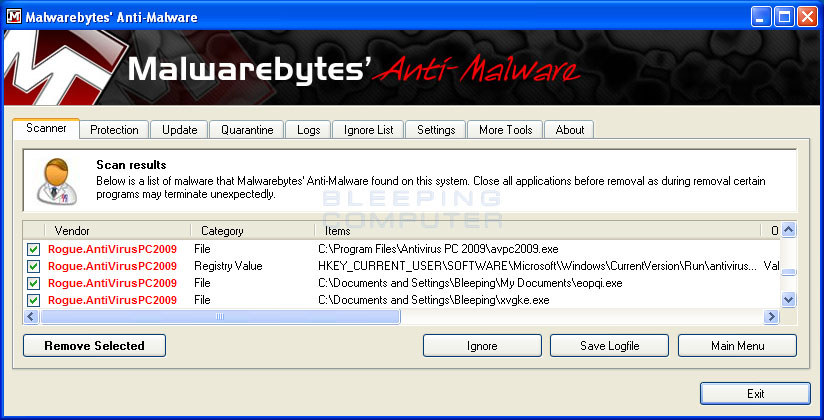 MalwareBytes Scan Results