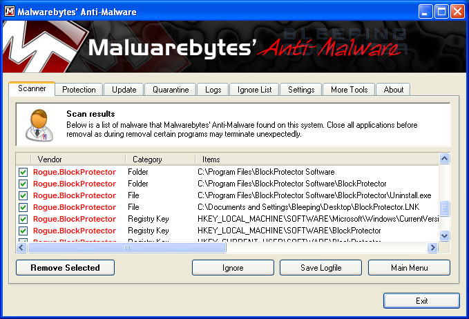 MalwareBytes Scan Results