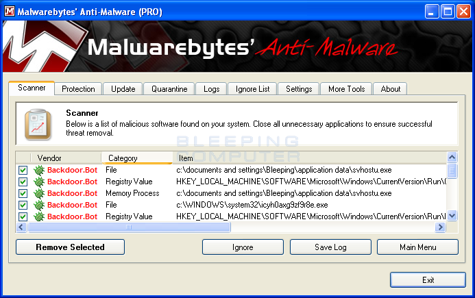 MalwareBytes Scan Results