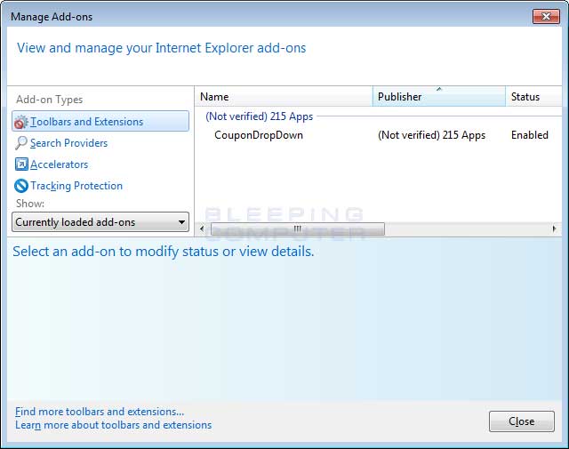 Internet Explorer manage add-ons screen