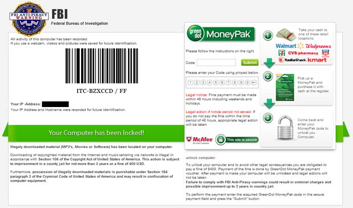 FBI Anti-Piracy MoneyPak Ransomware screen shot