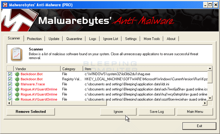 MalwareBytes Scan Results