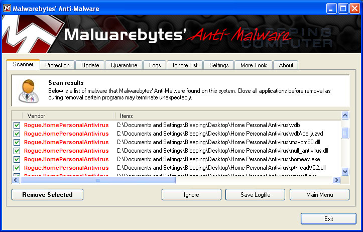 MalwareBytes Scan Results