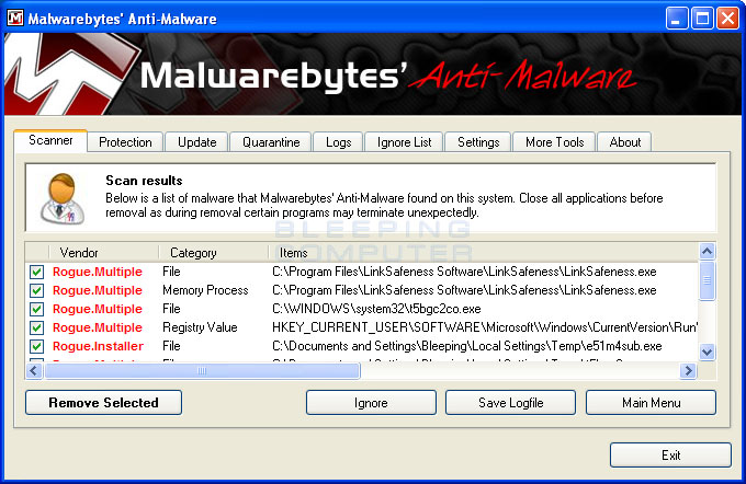 MalwareBytes Scan Results