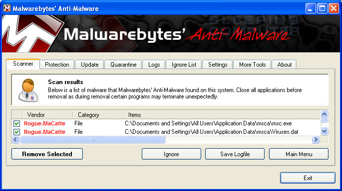 MalwareBytes Scan Results