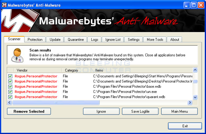 MalwareBytes Scan Results