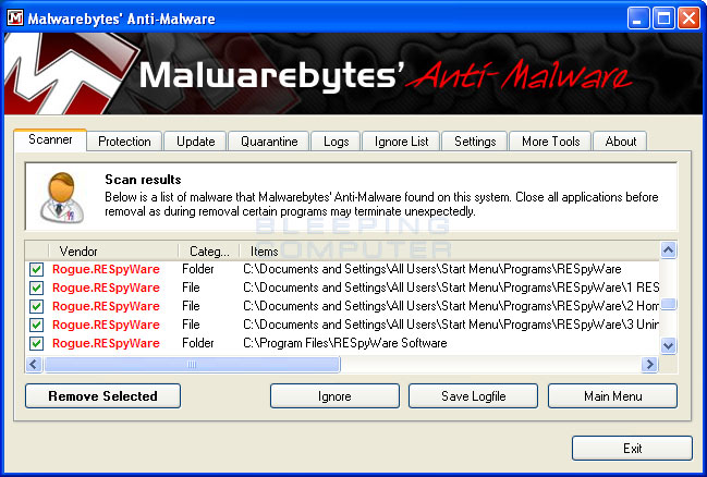 MalwareBytes Scan Results