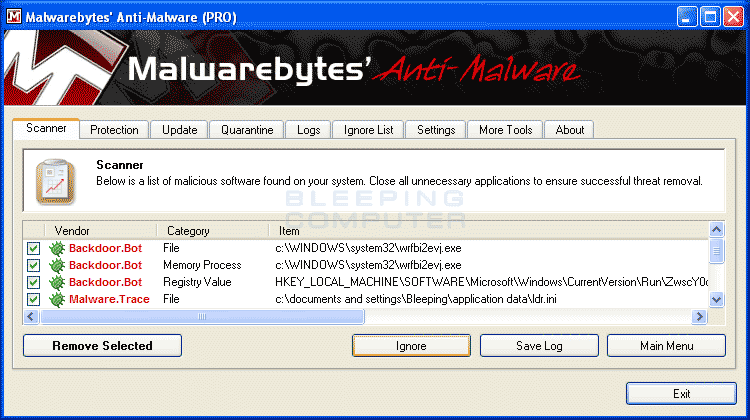 MalwareBytes Scan Results