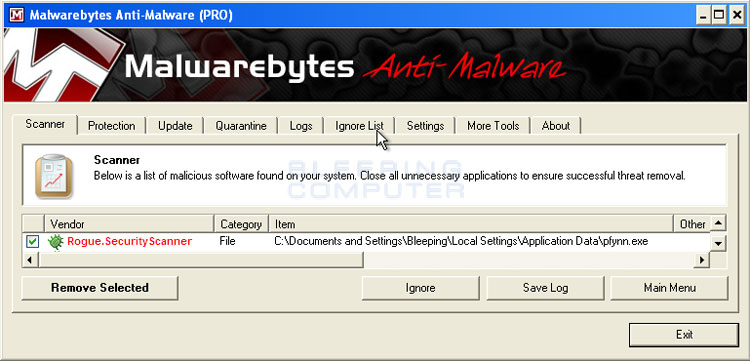 MalwareBytes Scan Results
