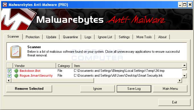 MalwareBytes Scan Results