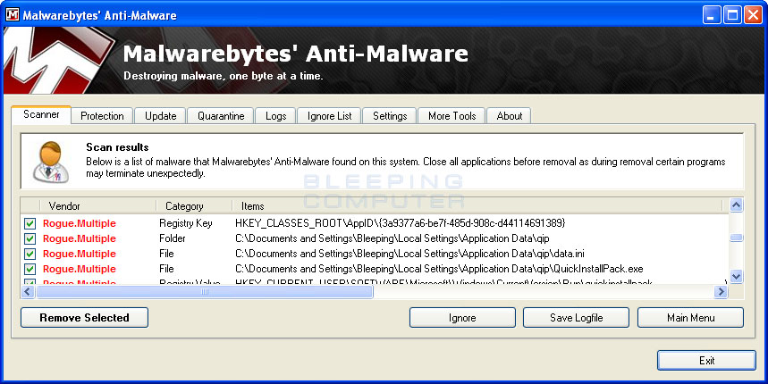 MalwareBytes Scan Results