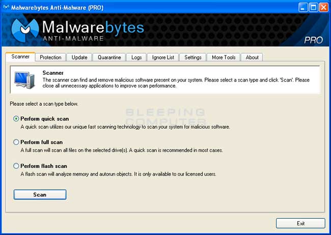MalwareBytes Anti-Malware Screen