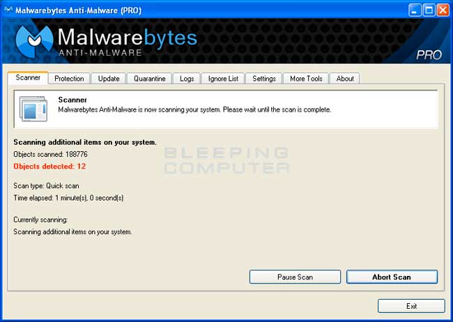 MalwareBytes Anti-Malware Scanning Screen