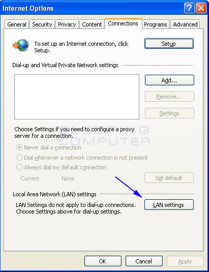 Internet Options connections tab