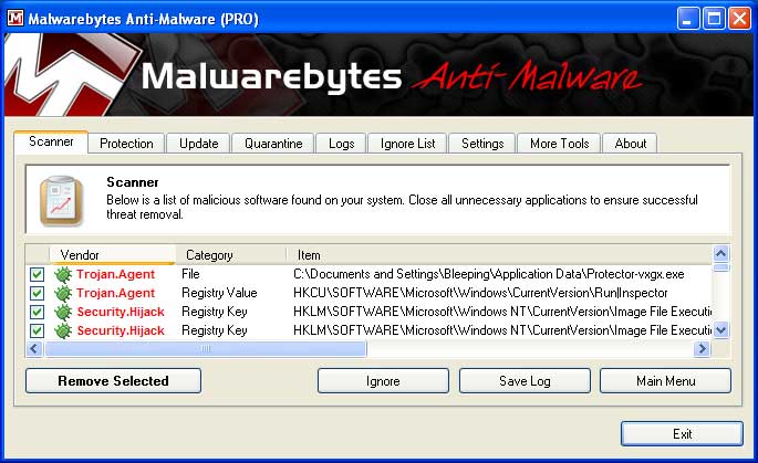 MalwareBytes Scan Results