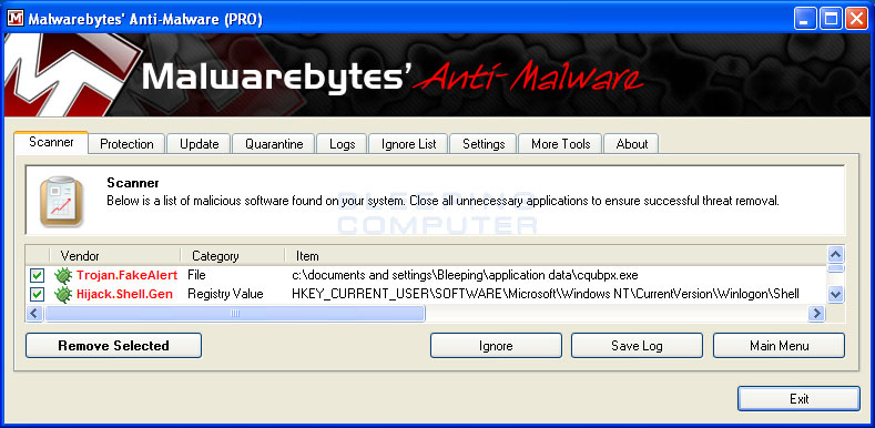 MalwareBytes Scan Results
