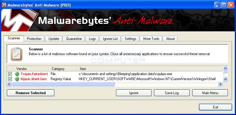 MalwareBytes Scan Results