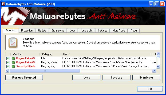 MalwareBytes Scan Results