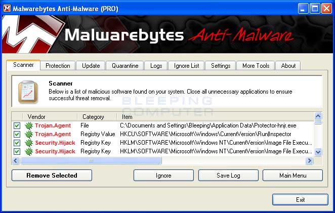 MalwareBytes Scan Results