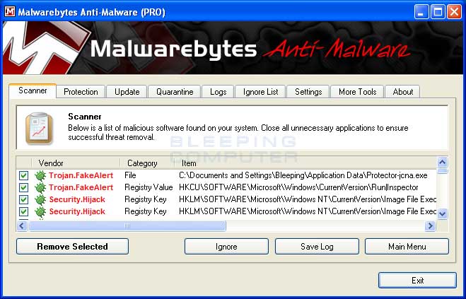 MalwareBytes Scan Results