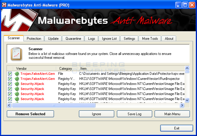 MalwareBytes Scan Results