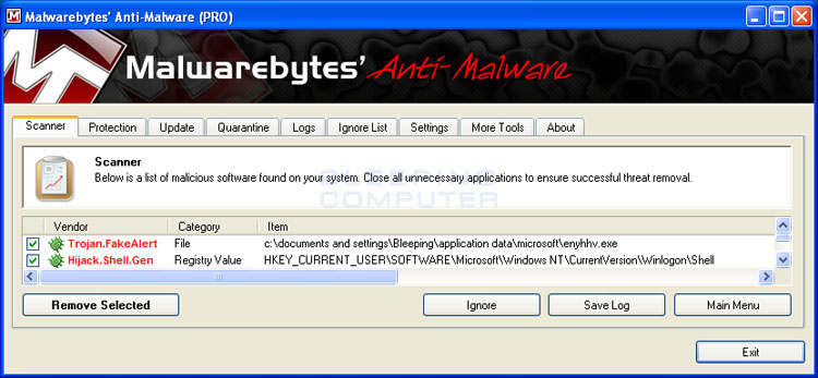 MalwareBytes Scan Results