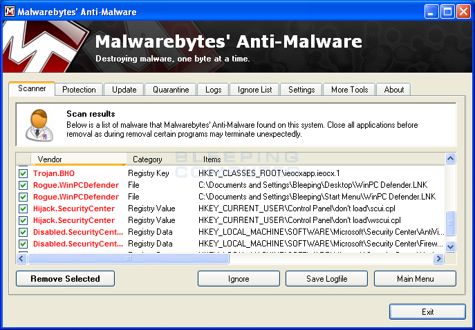MalwareBytes Scan Results