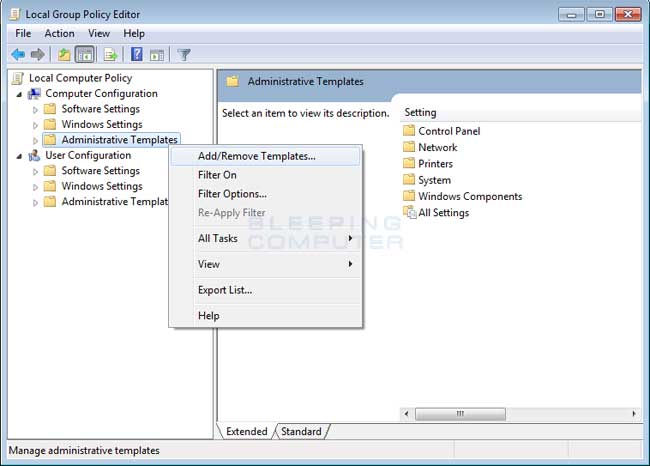 Adding a template to the Group Policy Editor