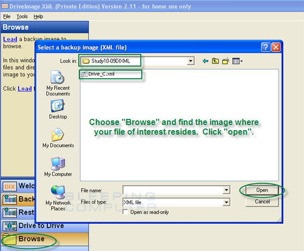 select a backup image (XML) file