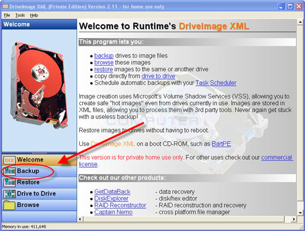 DriveImage XML Start Screen