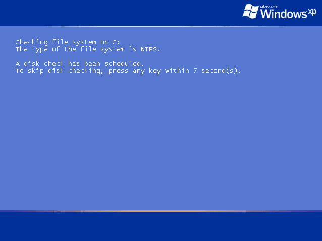 Figure 2: Windows XP performing Check Disk on the C: Drive