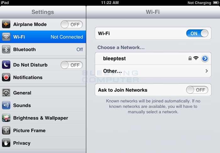 Choose an available wireless network screen
