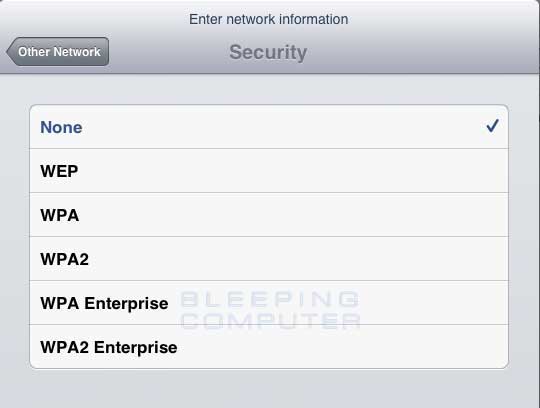 Select Security Encryption Type screen