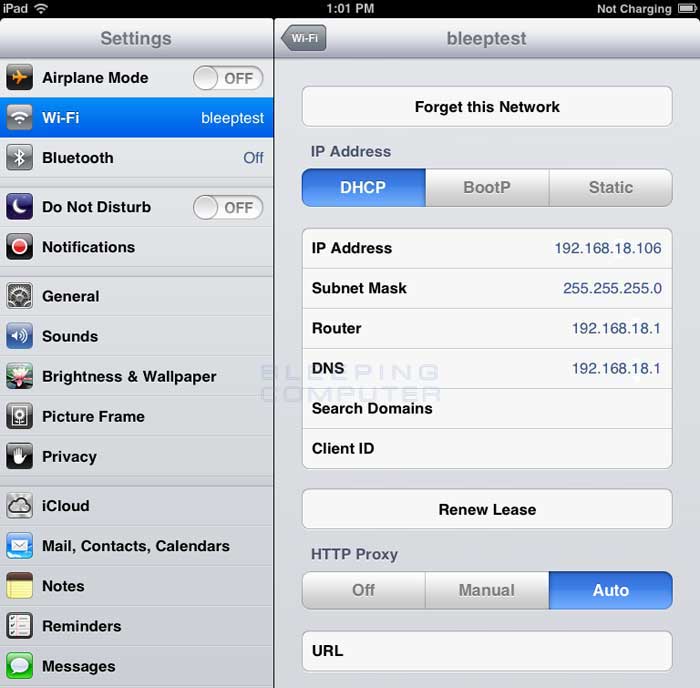 Screen showing the iPad connected to a wireless network