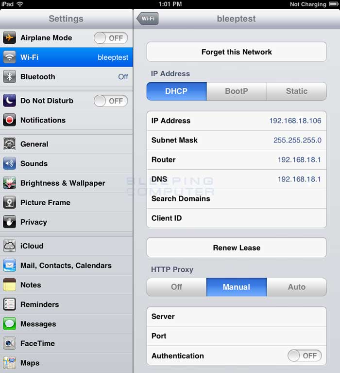 Screen showing the iPad connected to a wireless network