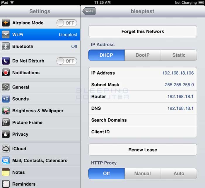 IP settings for a wireless network