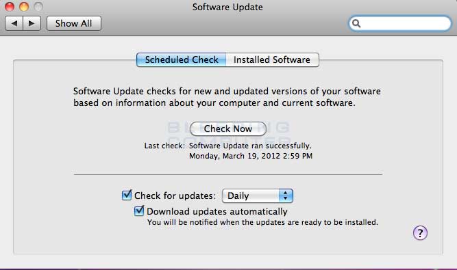 Software Update Scheduled Check screen