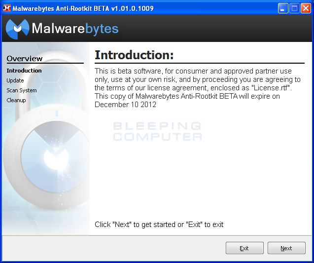 écran de démarrage de Malwarebytes Anti-Rootkit