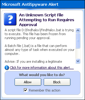 Microsoft AntiSpyware Unknown Script alert