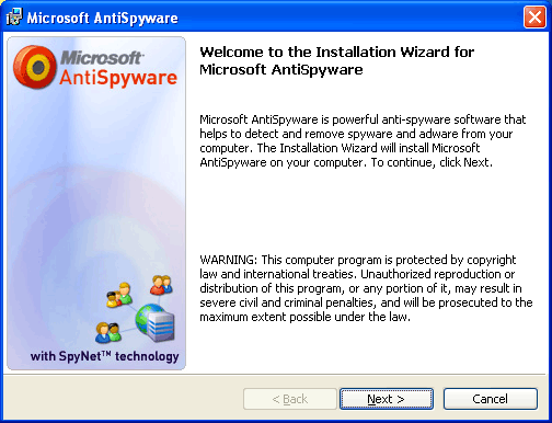 Microsoft AntiSpyware Setup welcome screen