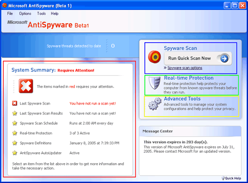 Microsoft AntiSpyware Summary screen