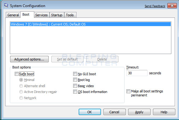 Vista Boot tab in the System Configuration utility