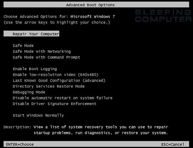 Figure 11. Windows 7 Advanced Boot Options screen