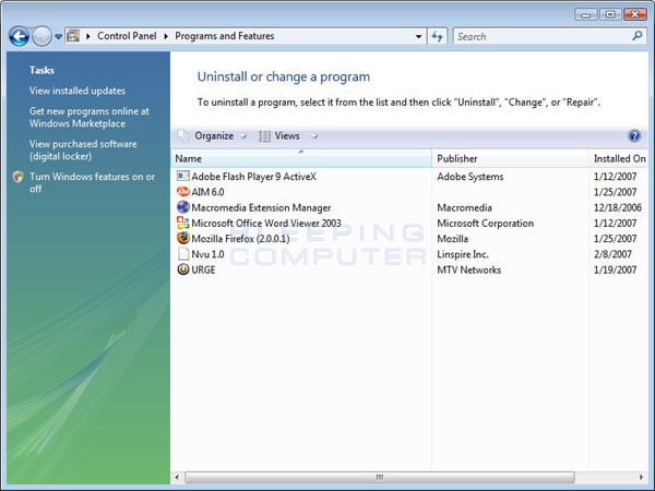 Vista Programs and Features Screen