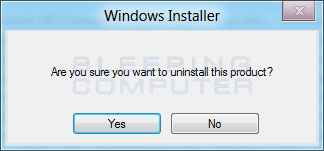 Confirmation screen to continue with the uninstall